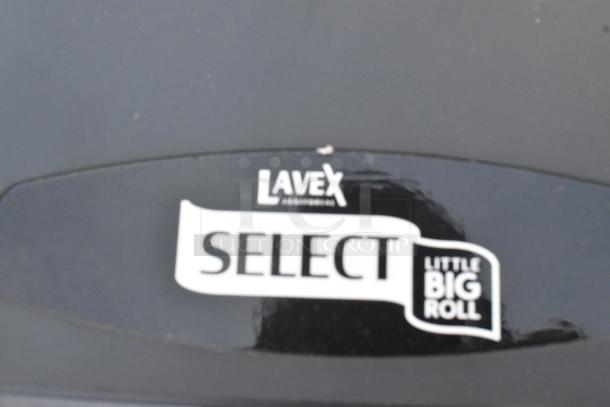 Lot of 2 Lavex Select wall mount black poly dispensers, new with minor scratches, labeled "Little Big Roll."