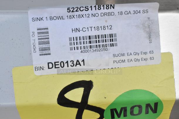 Label for Steelton 522CS11818N Single Bay Sink, 18x18x12, 18 GA 304 stainless steel, scratch and dent condition.