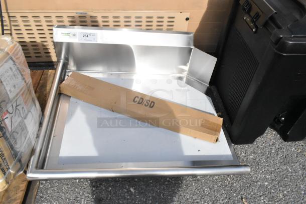 Regency 600CDT36L 3' Clean Dish Table, left drainboard, 16 gauge, new scratch and dent, price tag visible.