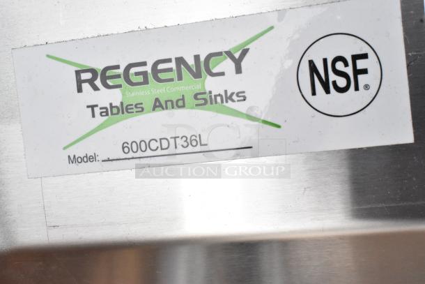 Regency 600CDT36L 16 Gauge 3' Clean Dish Table with left drainboard, brand new, scratch and dent. NSF certified.