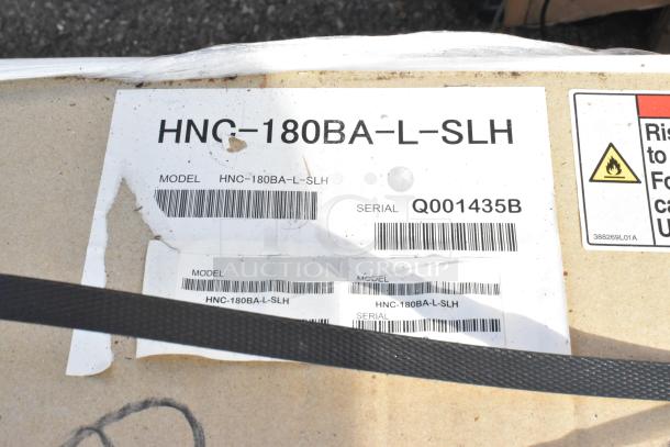 "Label on Hoshizaki HNC-180BA-L-SLH sushi display case indicating model and serial number Q001435B."