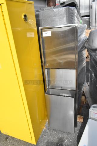 Stainless steel wall mount trash and towel dispenser, brand new, minor scratches and dents, item tag 258 indicates quantity 1.
