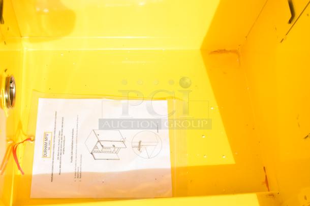 Durham Mfg 22 Gallon Steel Flammable Liquids Storage Cabinet, model 1022M-50, yellow, manual door, with document insert.