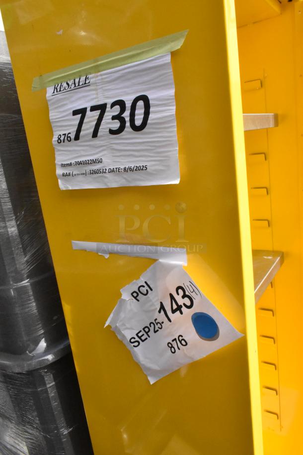 Brand new Durham Mfg 22-gallon steel flammable liquids storage cabinet, model 7041022M50, with minor scratches and manual door. Labels display item number and resale info.