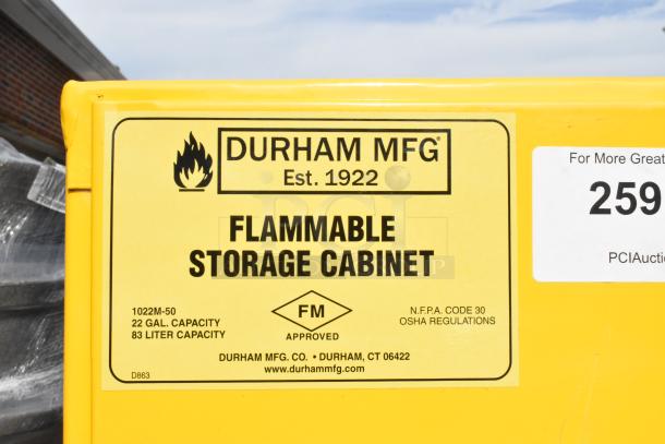 Brand new 22-gallon Durham Mfg steel flammable liquids storage cabinet, model 1022M-50, with scratch and dent. FM approved.
