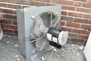 2025 Canarm S16-E1 metal wall exhaust fan, brand new with visible dents. Silver blades, black motor. Model label visible.