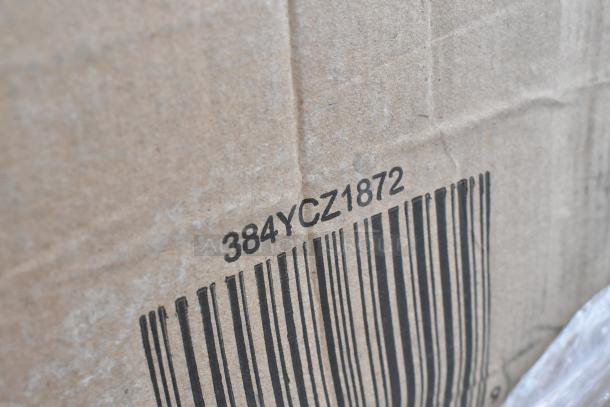Barcode and model number 384YCZ1872 on packaging for new Lancaster 18"x72" granite white folding table. Scratch and dent condition.