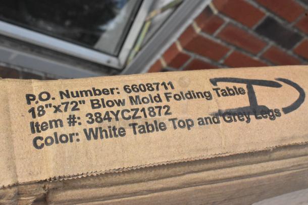 Box label for a new Lancaster 18"x72" granite white folding table, item #384YCZ1872, with minor scratches and dents.