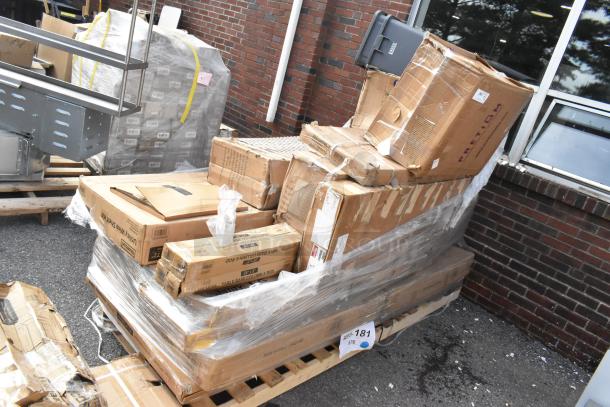 Pallet with 20 brand new scratch and dent items, including sink, work table, and over shelf, in original packaging.