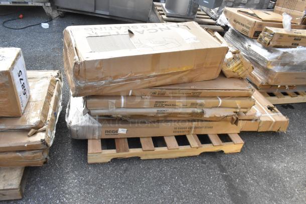 Eight new scratch and dent items include a folding table and equipment stand. Regency labels visible; packed on pallets.
