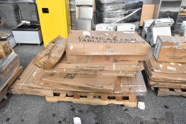8 brand new scratch and dent items, including Lancaster folding table and Regency equipment stand, in original packaging.