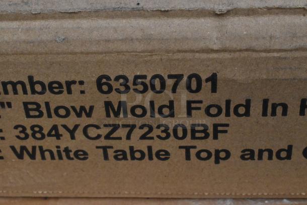 Cardboard box showing item number 6350701 and model 384YCZ7230BF for a folding table.