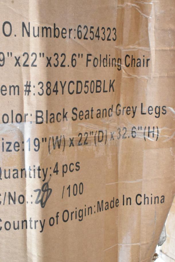 "Cardboard box with black text detailing folding chair specs: black seat, grey legs, size 19x22x32.6 inches, qty 4, made in China."