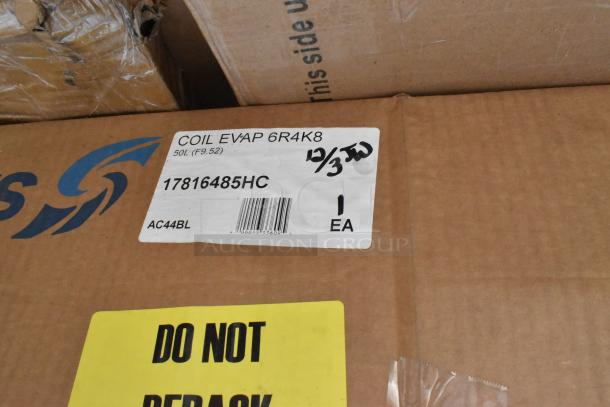 Cardboard box with label "Coil Evap 6R4K8, 50L (F9.52), 17816485HC" and "Do Not Repack" sign.