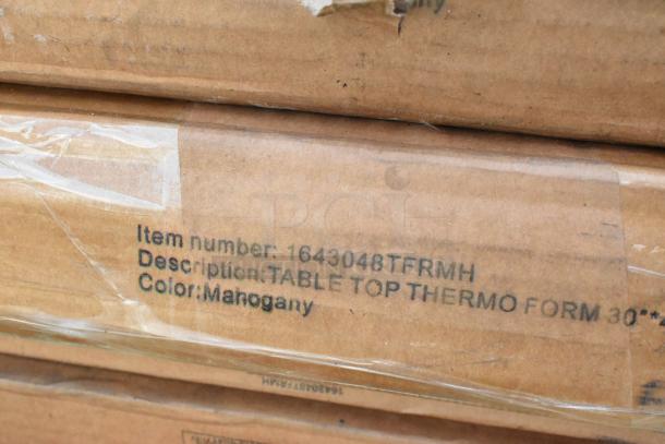 Cardboard box labeled with item number 1643048TFRMH, description "Table Top Thermo Form," color Mahogany.