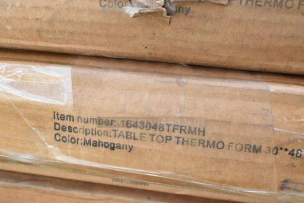 Cardboard box labeled with item number 1643048TFRMH, description "TABLE TOP THERMO FORM 30x48," color mahogany.