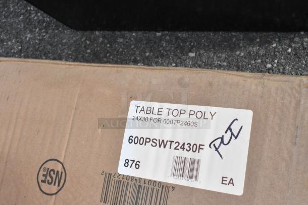 Poly tabletop label, marked for model 600TP2460S, dimensions 24x30, item 600PSWT2430F, scratch and dent condition.