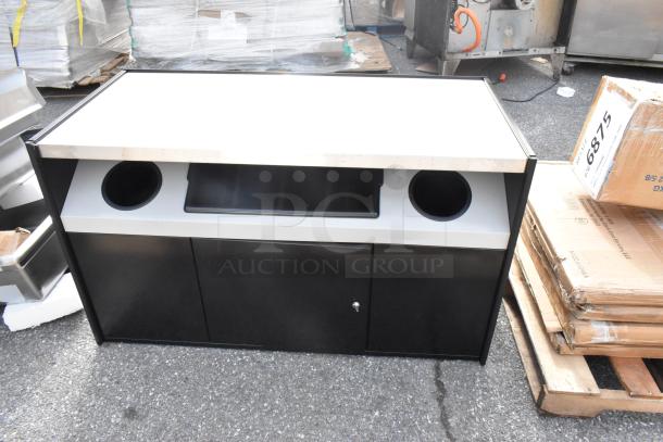 Brand new 168OCS490TRSF All State Manufacturing 49" x 23 1/4" x 34" coffee stand with condiment tray, trash receptacles, minor scratches.