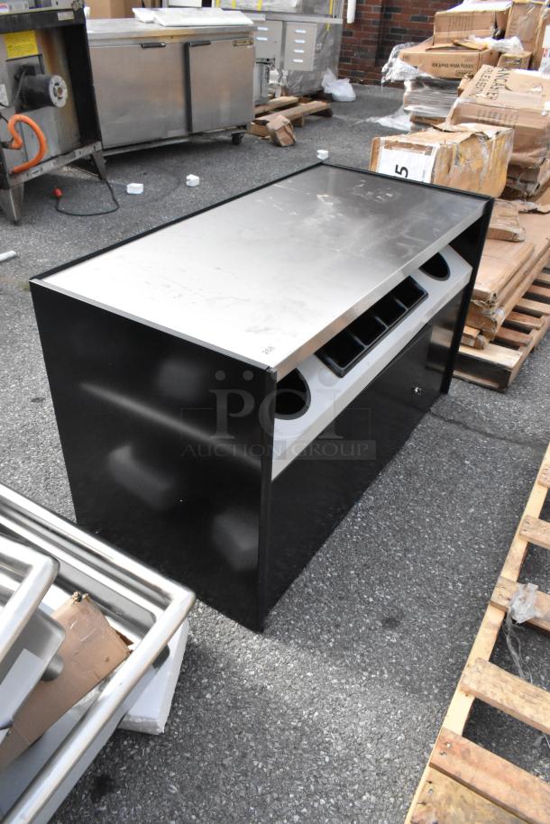Brand new All State Manufacturing coffee stand, 49"x23.25"x34", with condiment tray and trash receptacles, minor scratches.