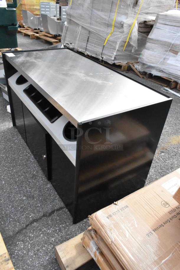 Brand new 49"x23.25"x34" All State Manufacturing coffee stand with condiment tray and trash receptacles, minor scratches.