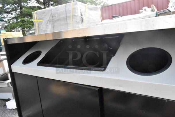 Brand new All State 49"x23.25"x34" coffee stand, with condiment tray and trash receptacles. Scratch and dent condition.