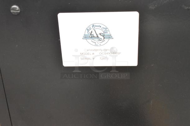 All State Manufacturing coffee stand label showing model OCS490-TRSF, serial 72873, on black surface.