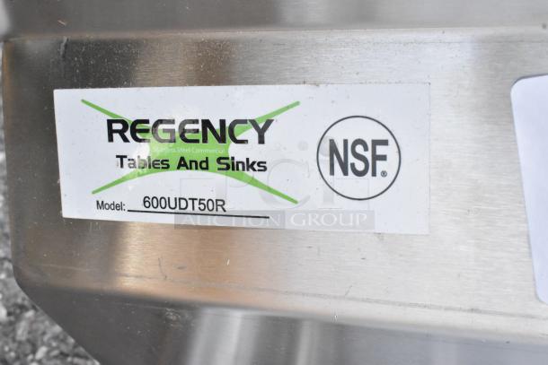 BRAND NEW Regency 600UDT50R 50" stainless steel dishtable label, NSF approved, model number visible. Scratch and dent condition.