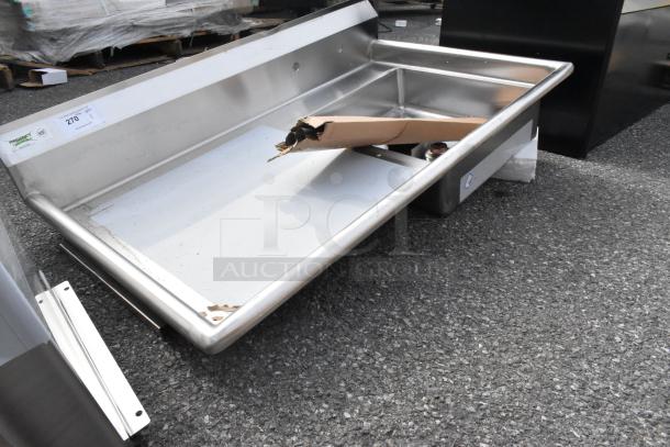 Brand new Regency 50" stainless steel soiled dishtable, 16-gauge, slight scratches, sink on right, NSF certified.
