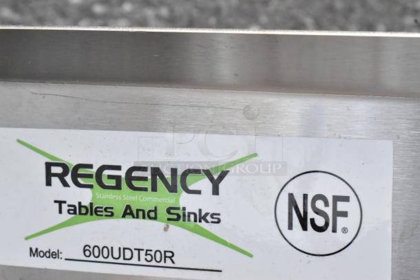 "Regency 50-inch 16-gauge stainless steel undercounter dishtable label showing model 600UDT50R and NSF certification."