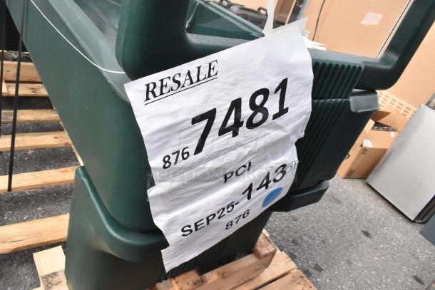 BRAND NEW Carlisle 660808 6' Forest Green "Six Star" Youth Salad Bar, open base, minor dents, resale tag number 7481 visible.