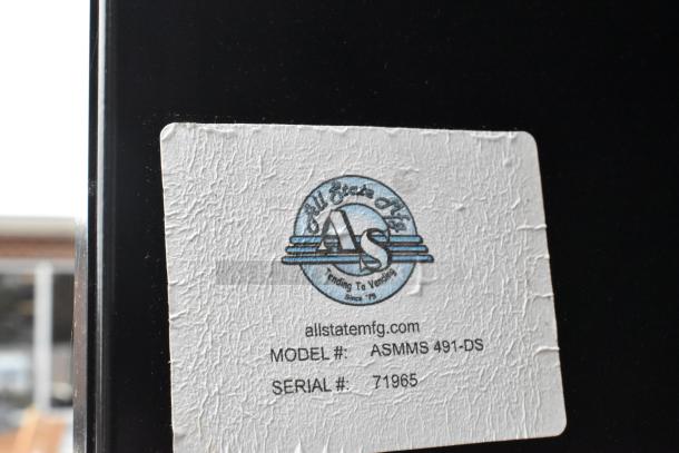 All State ASMMS491-DS Display Cabinet label showing model and serial number 71965 on a textured surface.