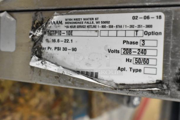 2018 Alto Shaam CTP10-10E combi oven label, showing model, phase 3, volts 208-240, and other specifications.