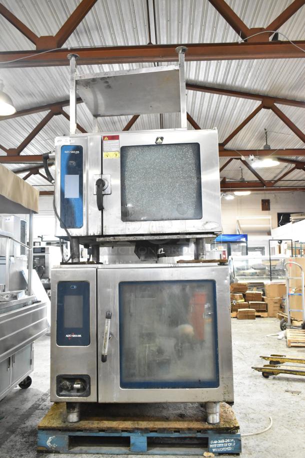 Two Alto Shaam CTP10-10E combi convection ovens on stand, stainless steel, electric, visible broken glass, 208/240V, 3-phase.
