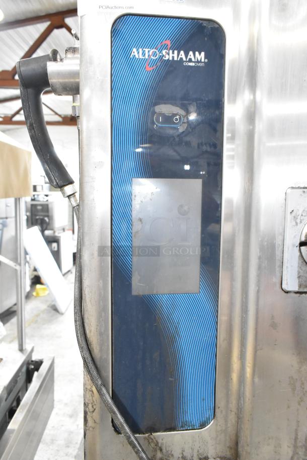 Alto-Shaam CTP10-10E stainless steel combi oven, visible wear, includes broken glass. Electric, 208/240V, 3-phase.