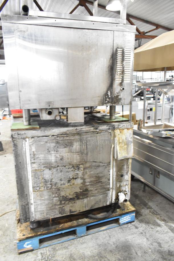 Alto Shaam stainless steel combi convection ovens on stand, model CTP10-10E, visible damage, 208/240V, 3 phase.