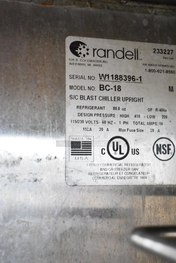 Randell BC-18 stainless steel commercial blast chiller label showing model, serial number, voltage, and certifications.