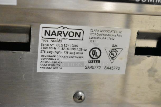 Narvon NSSM3 stainless steel 3 hopper slushie machine label showing serial number, voltage, and UL listing information.