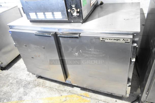 Beverage Air UCR48A stainless steel 2-door undercounter cooler on casters. Visible logo. 115V, 1 phase, commercial use.