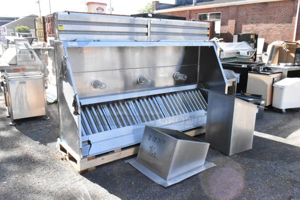 Clark 8' stainless steel commercial slimline grease hood with make-up air vent, brand new with visible scratches and dents.