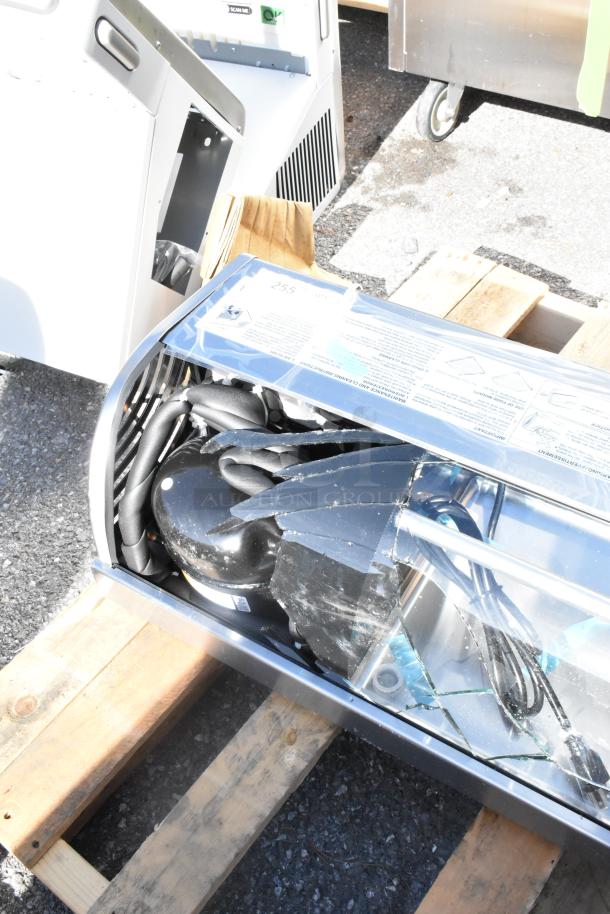 BRAND NEW 2025 Hoshizaki HNC-180BA-L-SLH sushi display case, 71", left compressor, glass damage visible, 115V, 1-phase.