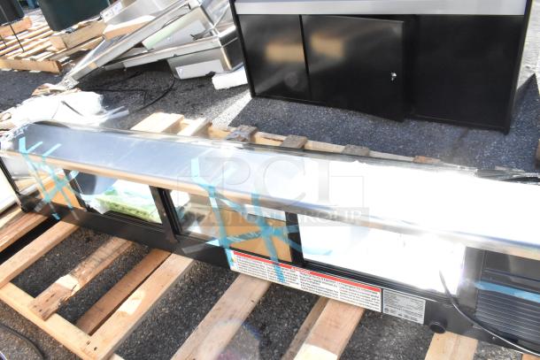 BRAND NEW 2025 Hoshizaki HNC-180BA-L-SLH 71" sushi display case with curved glass, left side compressor, glass damage noted.