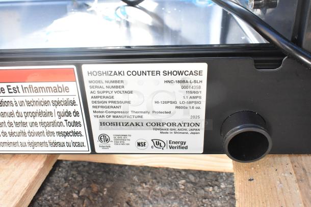 Hoshizaki HNC-180BA-L-SLH Refrigerated Sushi Display Case, 2025, 71", left side compressor, 115V, glass damage indicated.