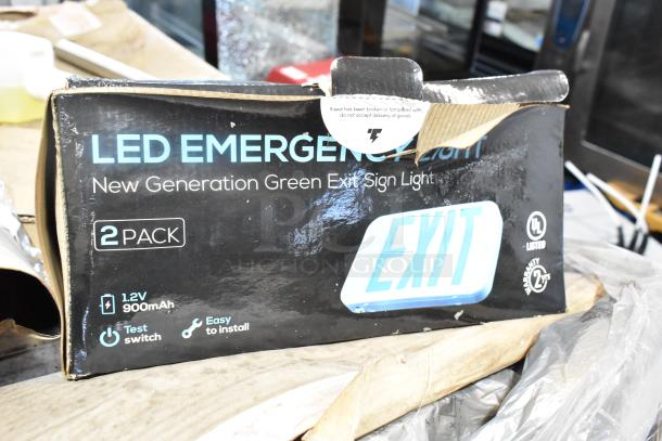 Box of LED Emergency Light, New Generation Green Exit Sign, 2-Pack, 12V 900mAh, easy installation, test switch, UL listed.