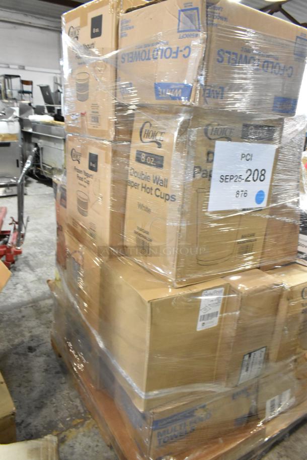 Pallet of 21 scratch and dent boxes including hot cups, napkins, gloves, and more. Labels show "Choice" brand.