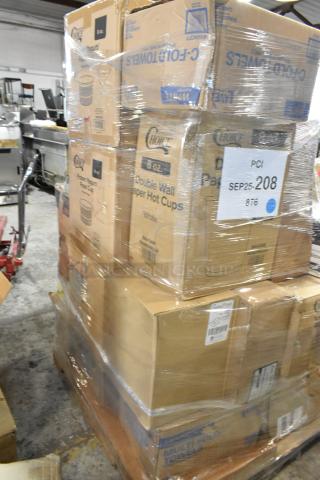 Pallet of 21 scratch and dent boxes including hot cups, napkins, gloves, and more. Labels show "Choice" brand.