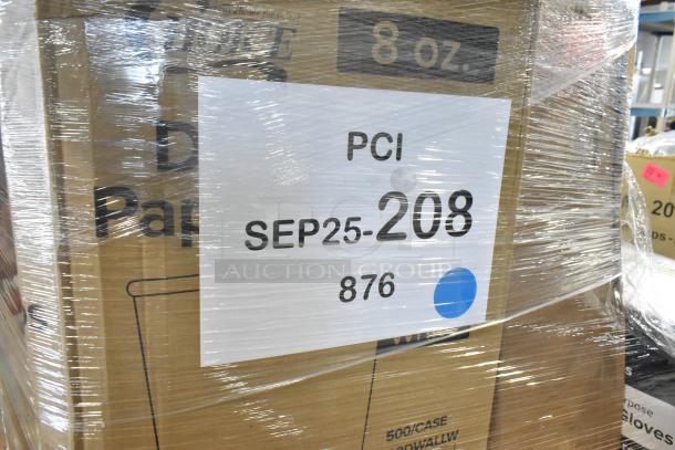 Shrink-wrapped pallet of 21 scratch and dent boxes; contains ice cream tubs, napkins, cups, gloves, trash bags; label reads PCI SEP25-208.