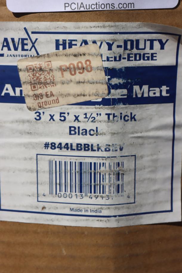 Lavex 844LDM35BLKBEV 3'x5' heavy-duty black rubber anti-fatigue floor mat, beveled edge, 1/2" thick, barcode visible.