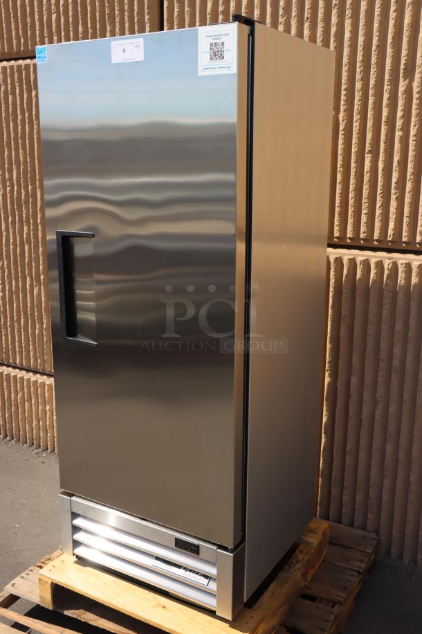 Brand new True T-12-HC solid door fridge, 24 7/8", 115V, scratch-n-dent, needs cord replacement. Model tag visible.