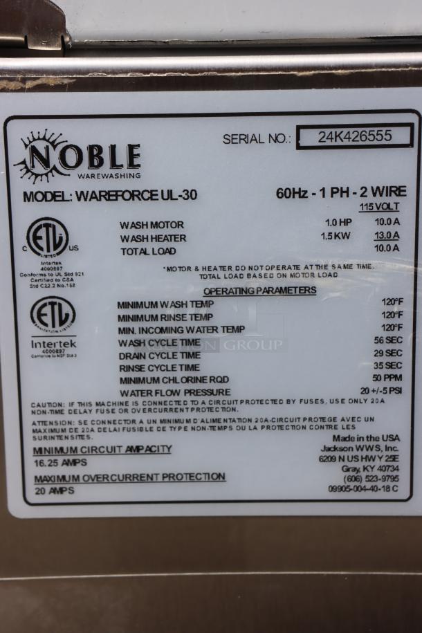 Noble Warewashing WAREFORCE UL-30 dishwasher, 115V, 13.2A, 1 phase, serial 24K426555. Minor scratches, 24 racks/hr, 1.2 gal/rack.