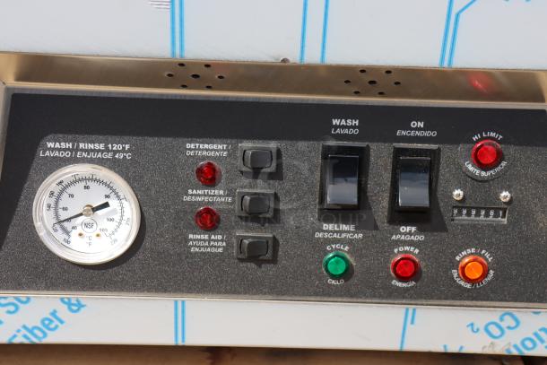 Noble Warewashing WAREFORCE UL-30 panel, shows wash/rinse gauge, detergent and sanitizer indicators; NSF certified.